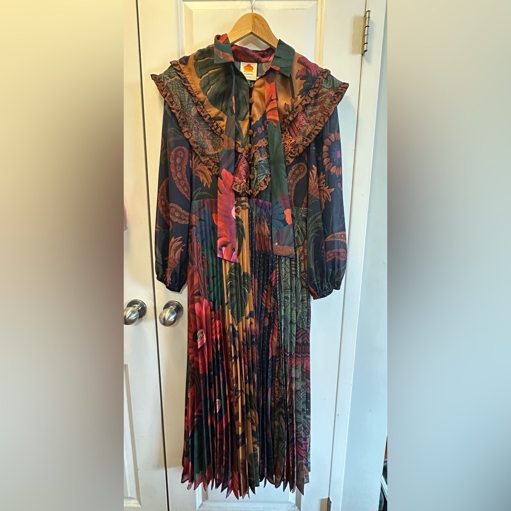 FARM Rio Dark Floral Paisley Pleated Maxi Dress in Navy, Burgundy, Green